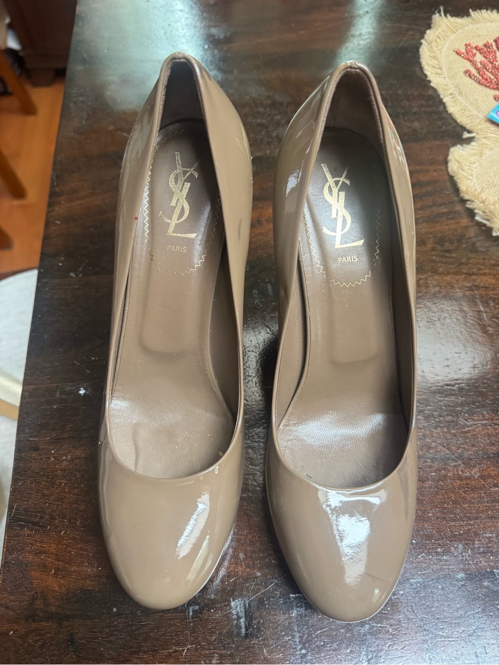 Saint Laurent Taupe Patent Leather Round-Toe Pumps